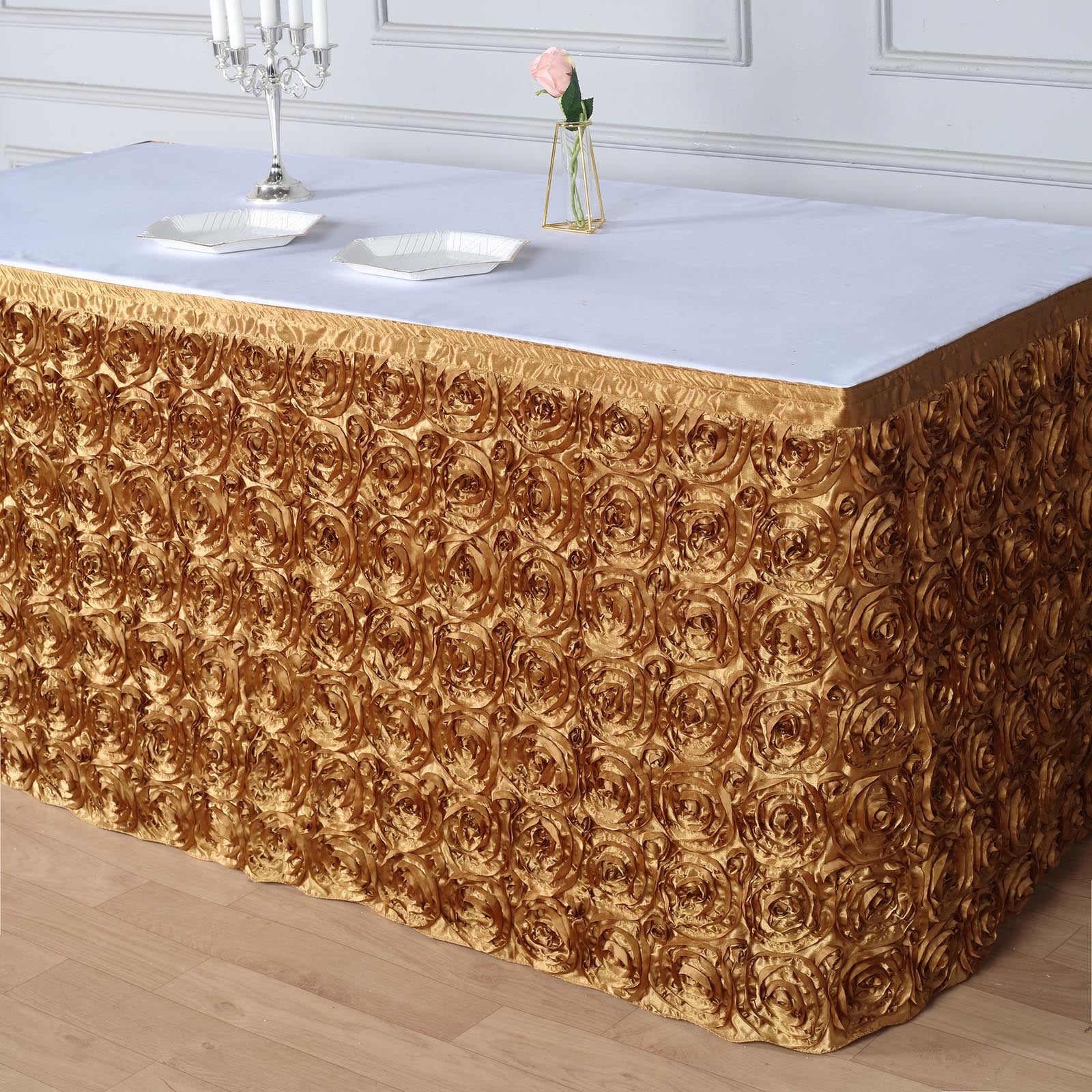 Gold 3D Rosette Satin Table Skirt 21 Feet