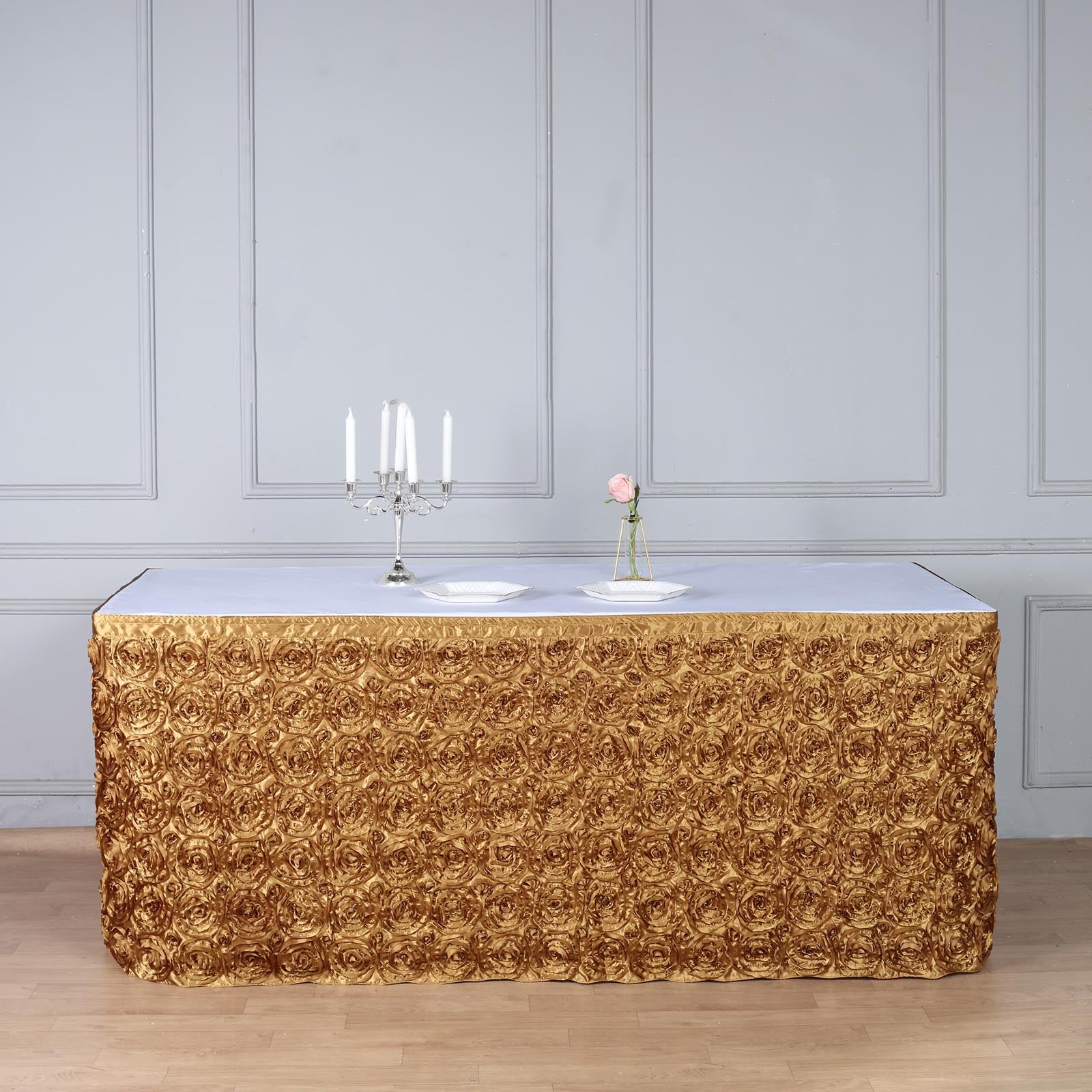 3D Rosette Satin Table Skirt in Gold Color 21 Feet 