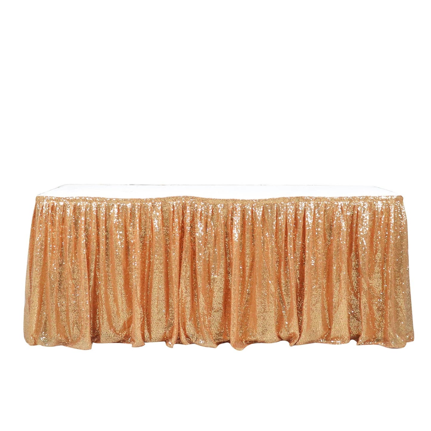 Sparkly gold sequin pleated satin table skirt with top Velcro strip.