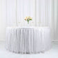 Sparkly silver sequin pleated satin table skirt with top Velcro strip.
