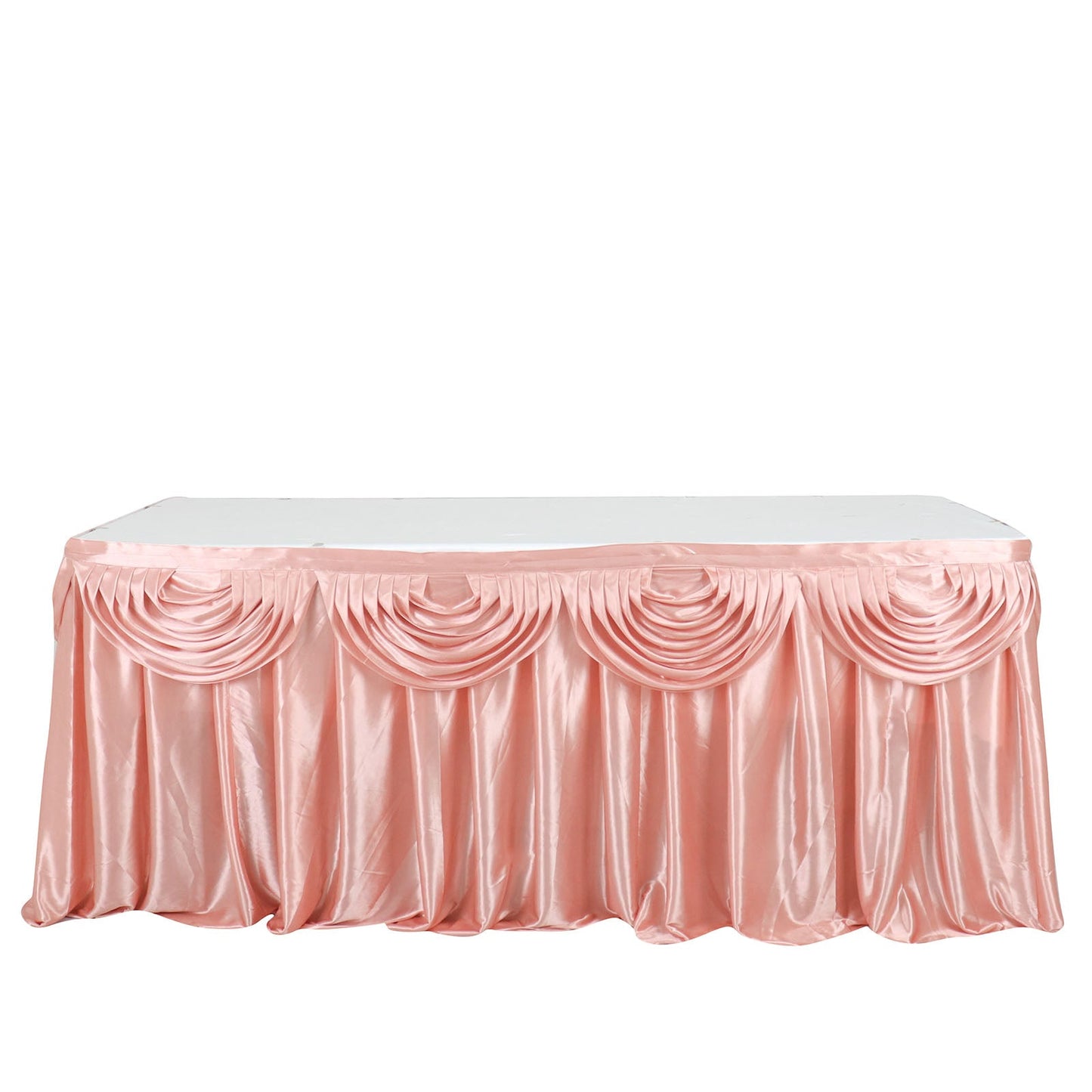 14ft dusty rose pleated satin double drape table skirt
