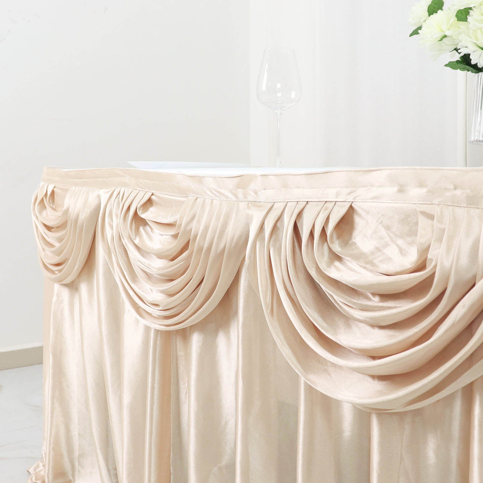 14 Feet Beige Satin Table Skirt Double Drape Pleated Style
