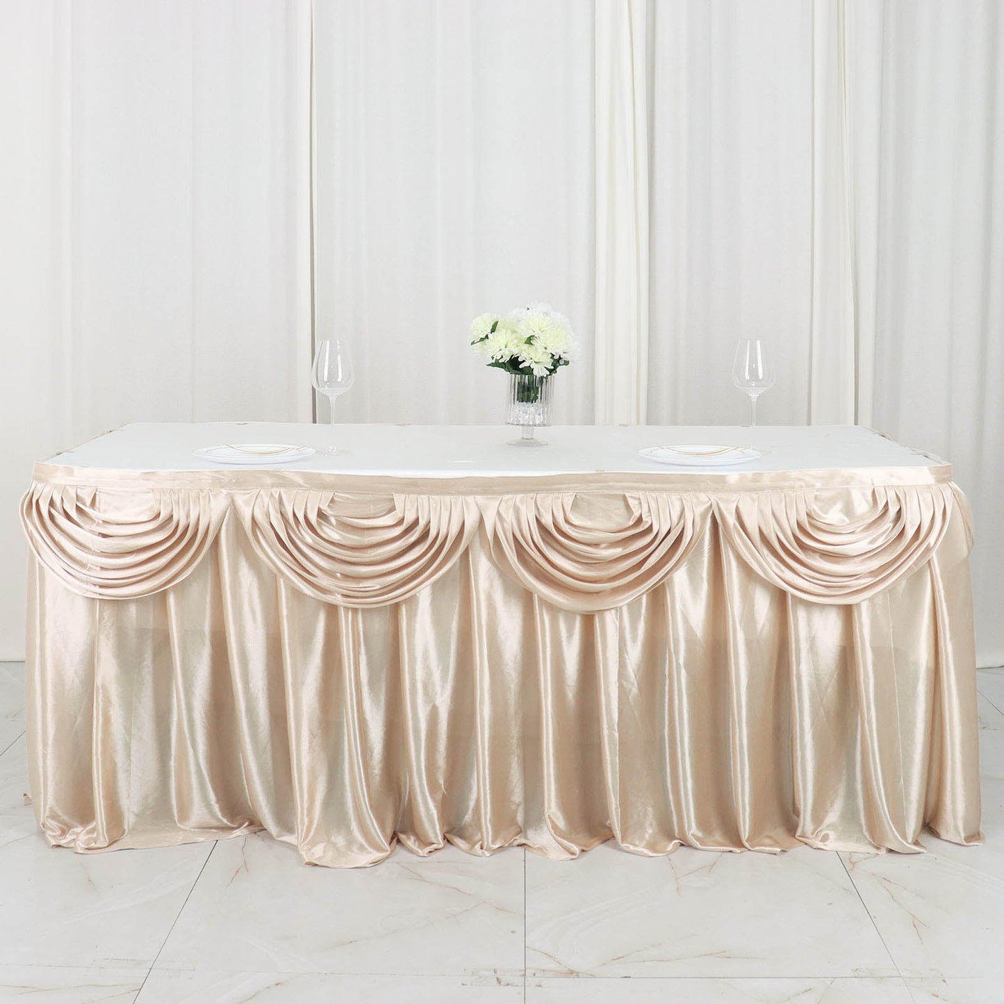 14ft Beige Pleated Satin Double Drape Table Skirt