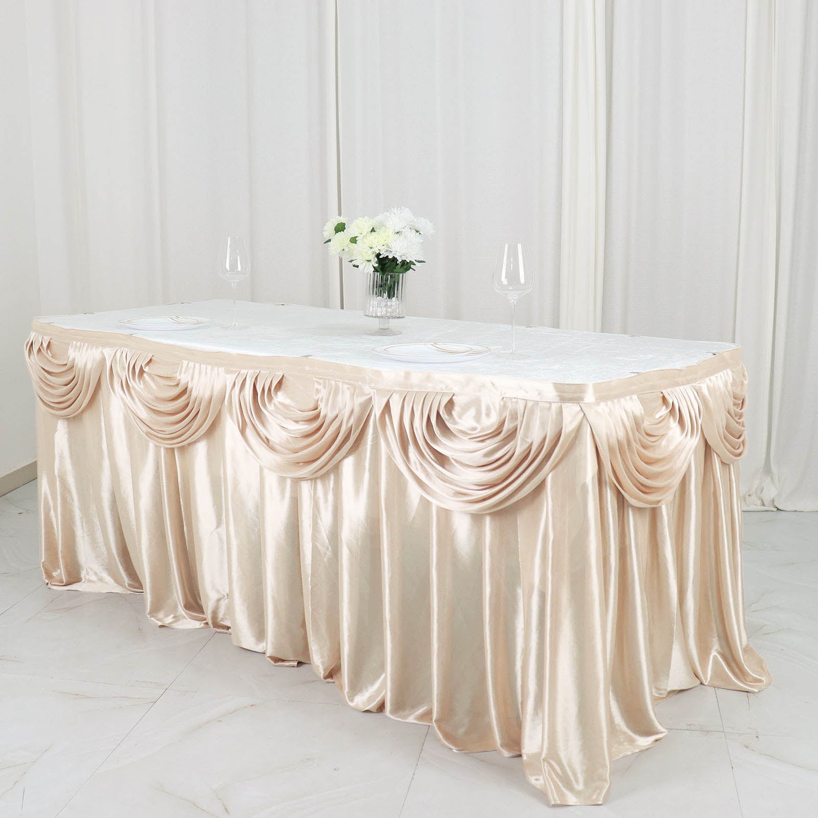 Double Drape Satin Beige Table Skirt 14 Feet Pleated