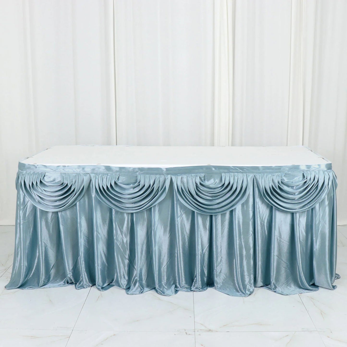 14ft Dusty Blue Pleated Satin Double Drape Table Skirt