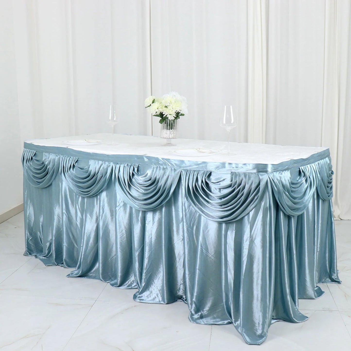 Dusty Blue Satin Pleated Table Skirt 14 Feet Double Drape
