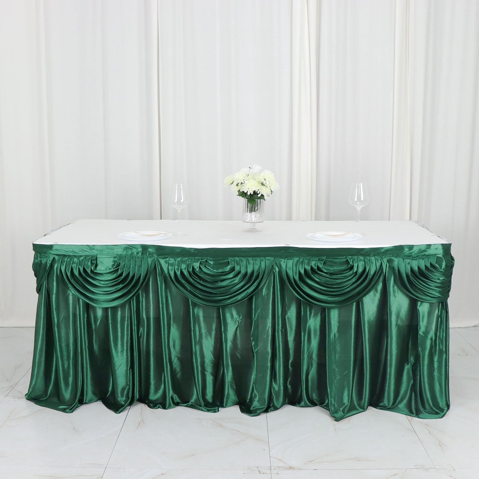 Hunter Emerald Green Pleated Satin Table Skirt 14 Feet Double Drape