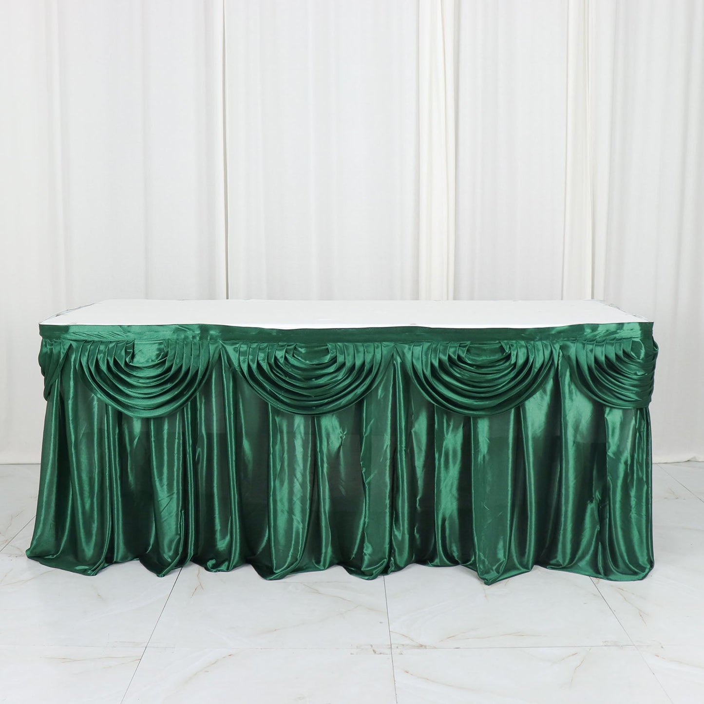 14ft Hunter Emerald Green Pleated Satin Double Drape Table Skirt