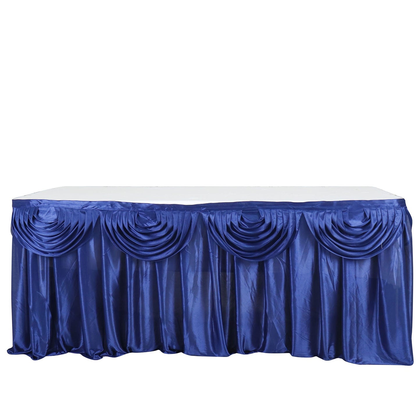 Satin Navy Blue Pleated Table Skirt 14 Feet Double Drape