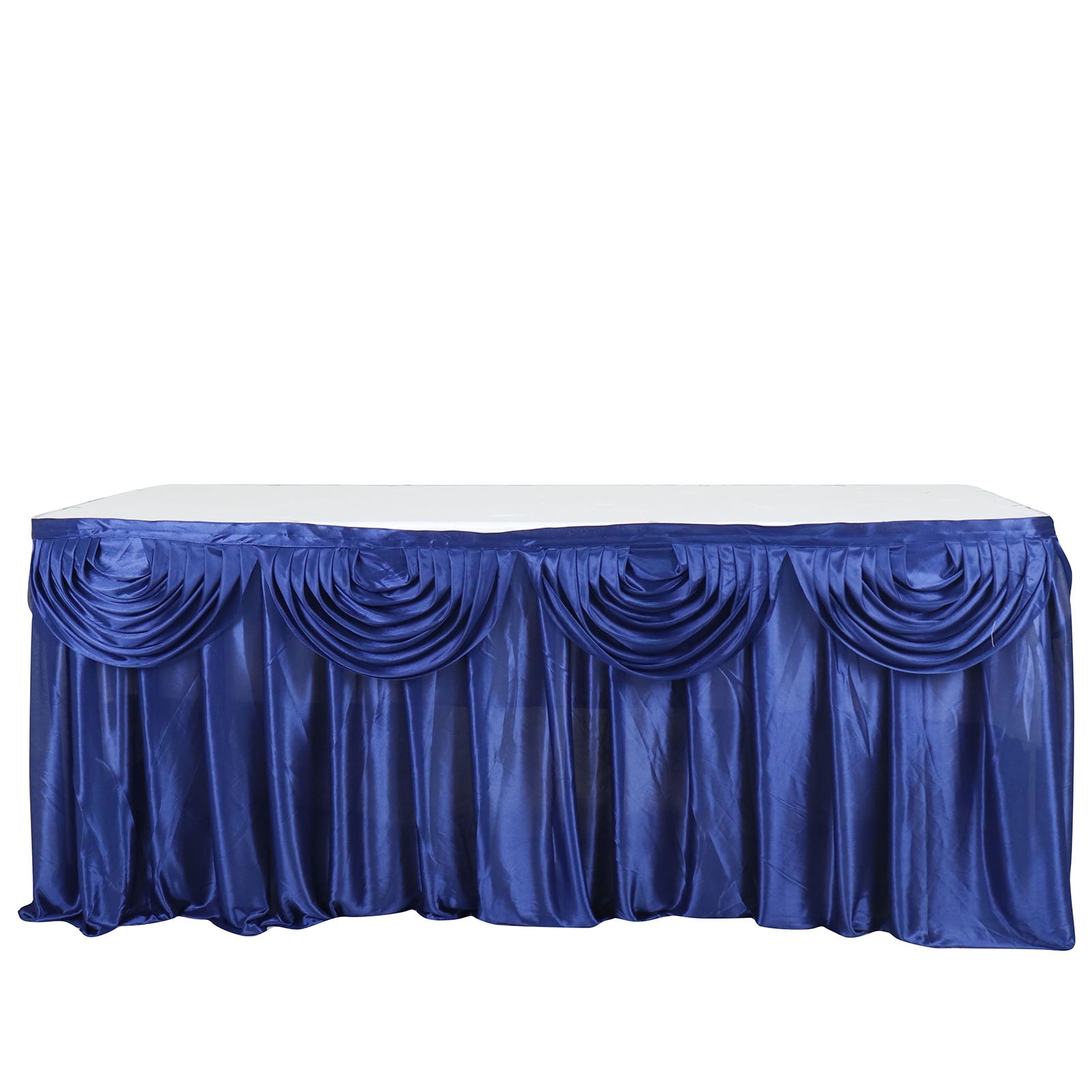 Satin Navy Blue Pleated Table Skirt 14 Feet Double Drape
