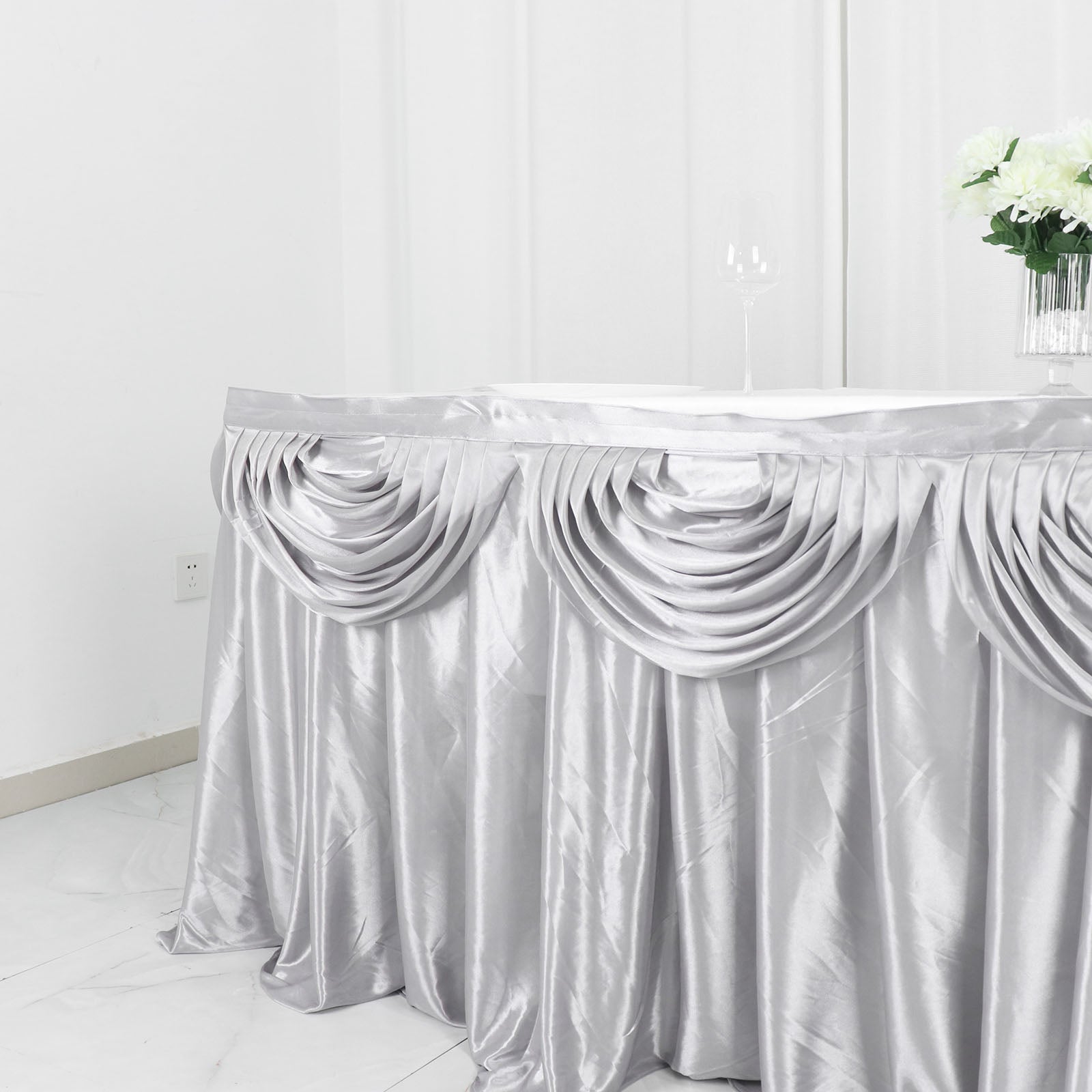 14 Feet Silver Satin Table Skirt Double Drape Pleated Style