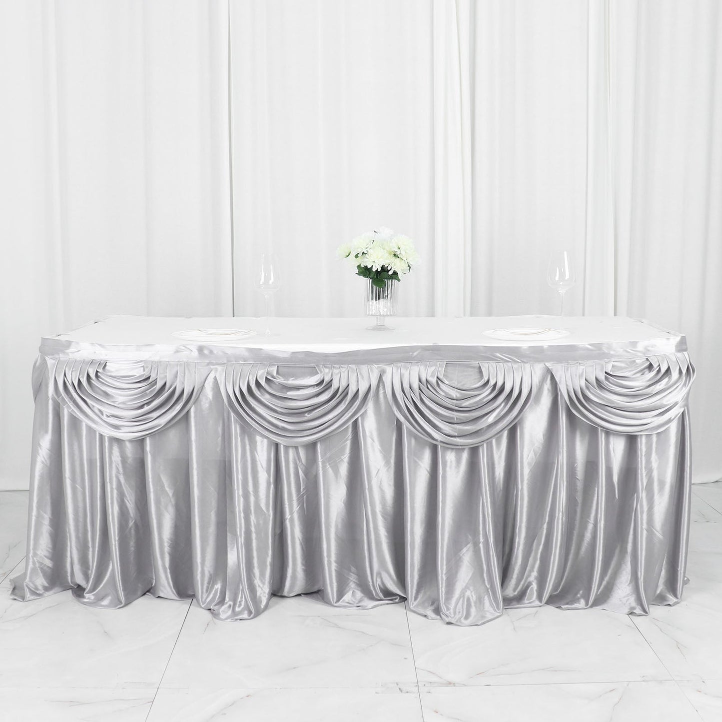 Silver Pleated Satin Table Skirt 14 Feet Double Drape