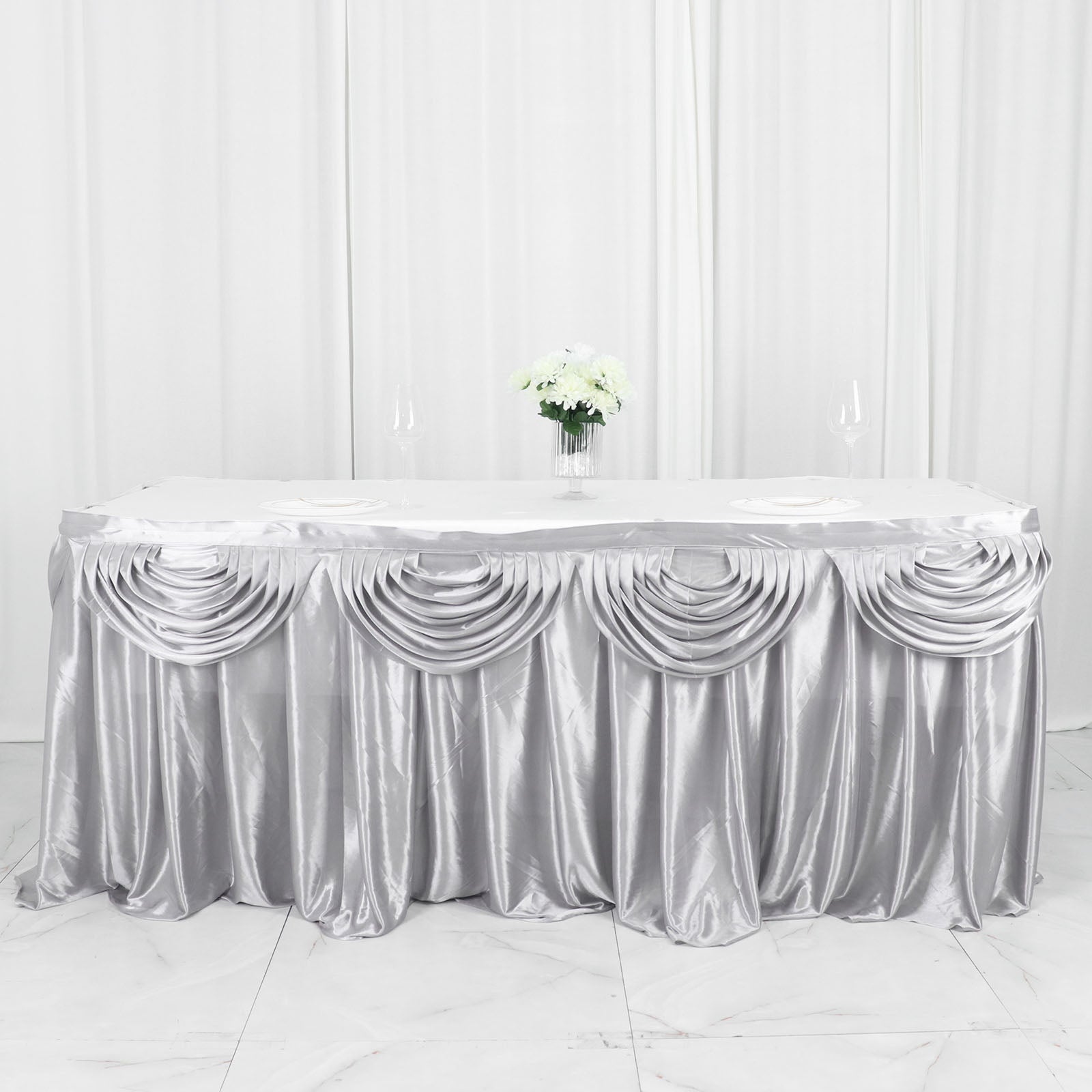 Silver Pleated Satin Table Skirt 14 Feet Double Drape