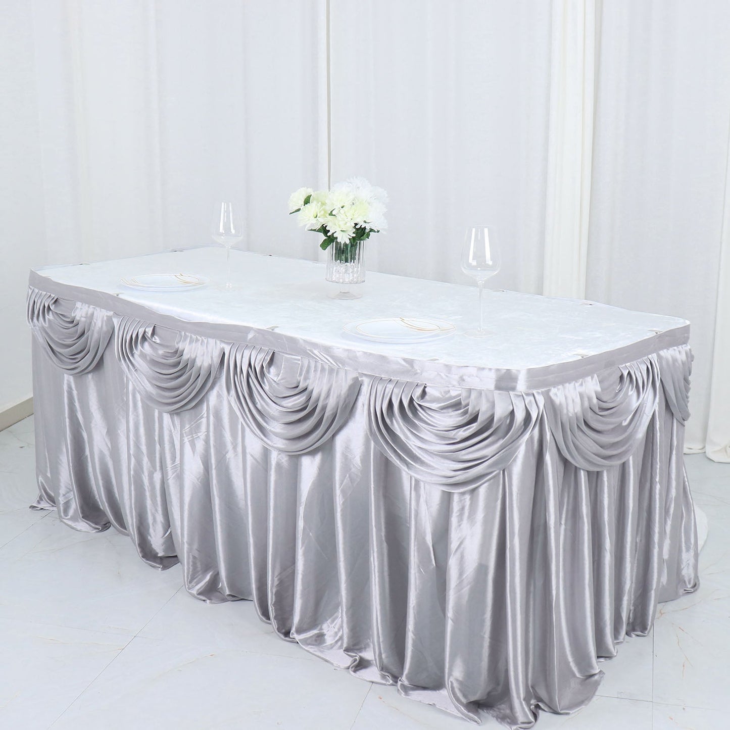 Double Drape Satin Silver Table Skirt 14 Feet Pleated