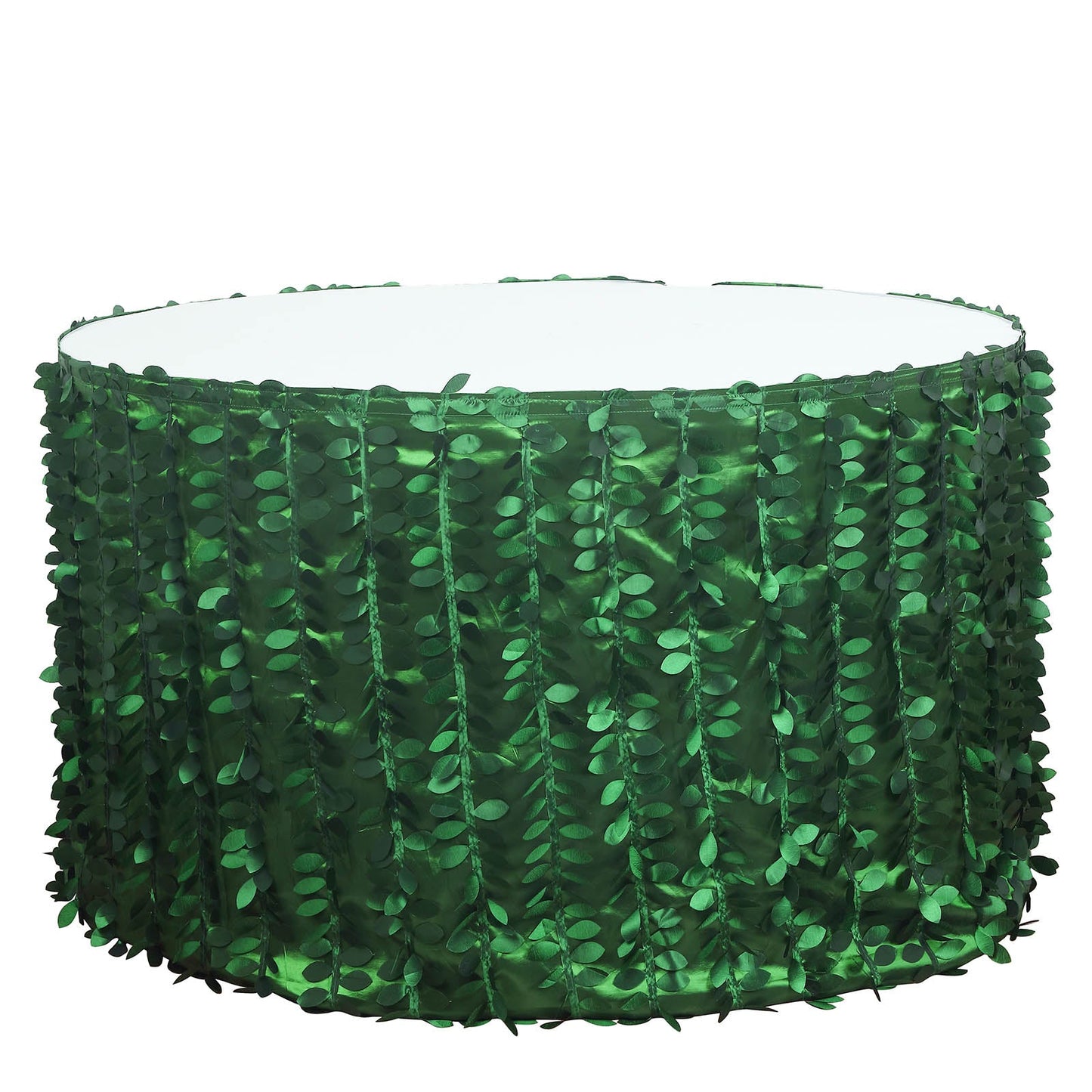 17ft Green 3D Leaf Petal Taffeta Fabric Table Skirt for events and decor.