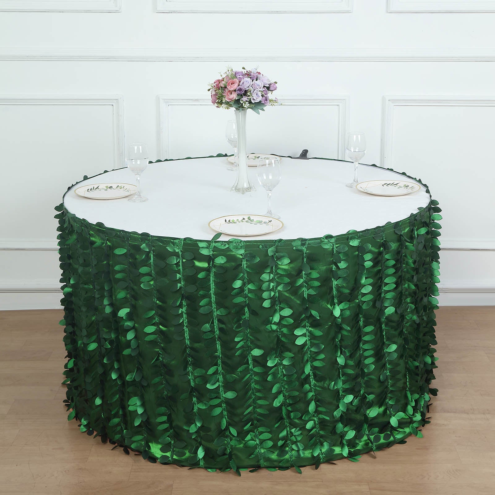 17ft green 3D leaf petal taffeta fabric table skirt on a round table.