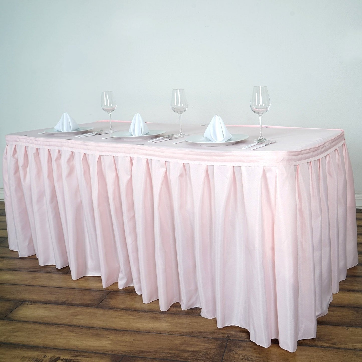 17ft Blush/Rose Gold Pleated Polyester Table Skirt, Banquet Folding Table Skirt