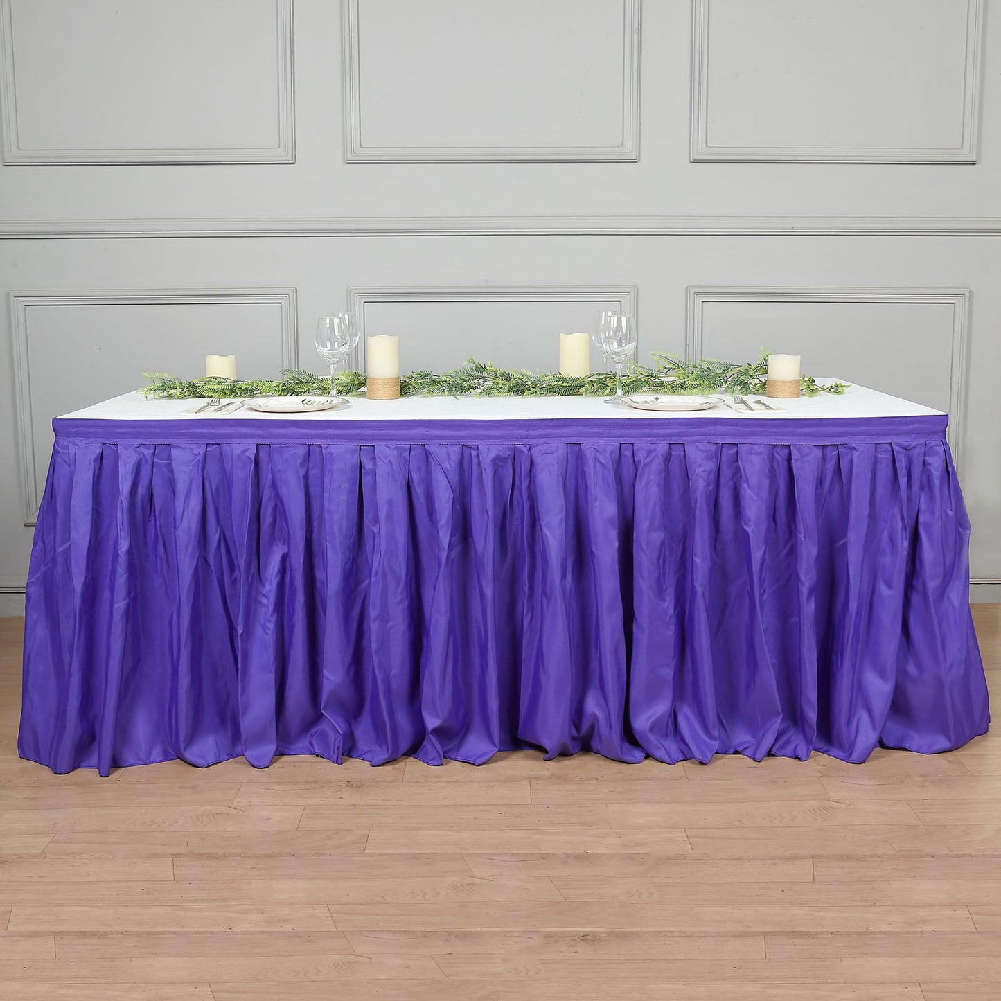 21ft Purple Pleated Polyester Table Skirt, Banquet Folding Table Skirt