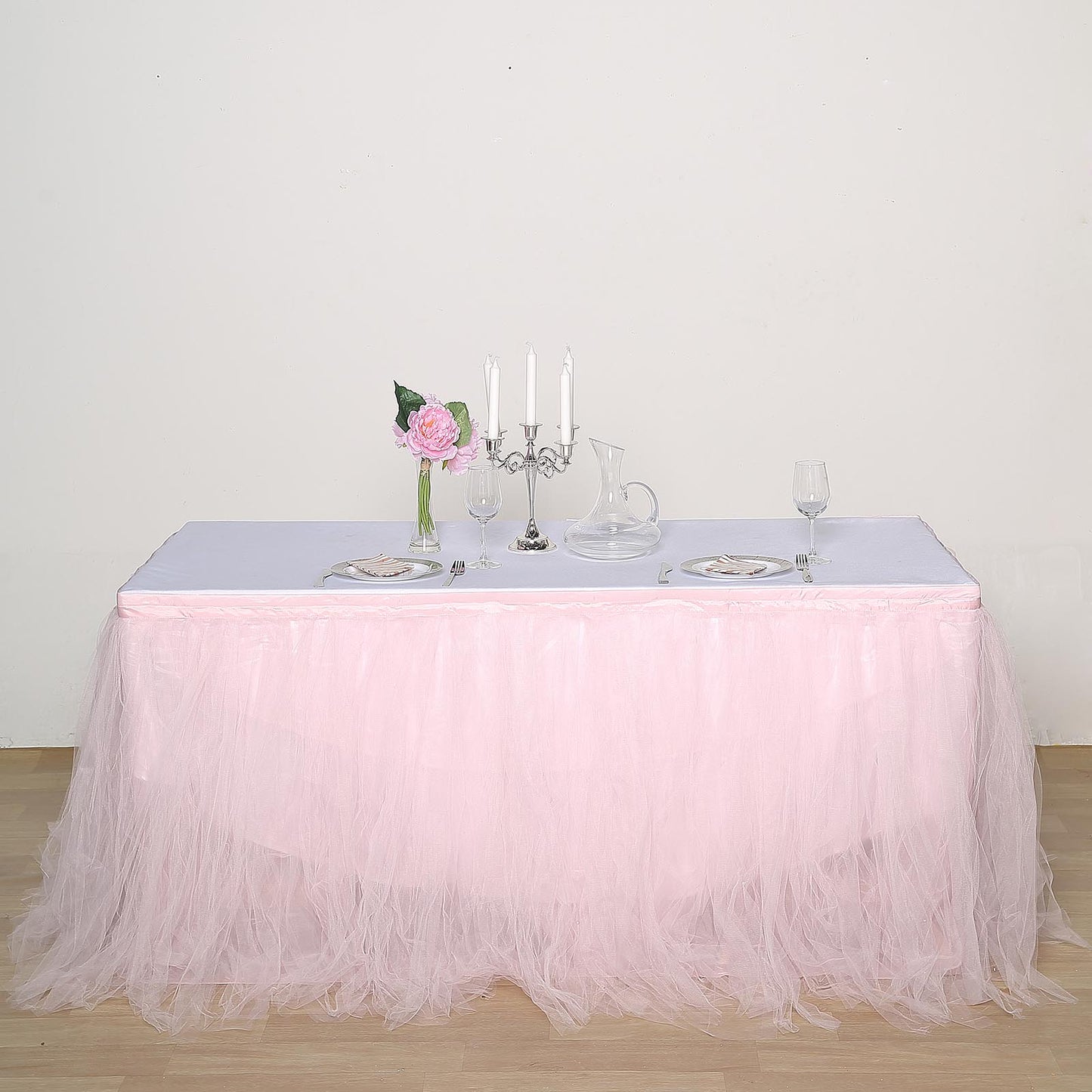 Blush 14ft pleated tulle table skirt for elegant table decor.