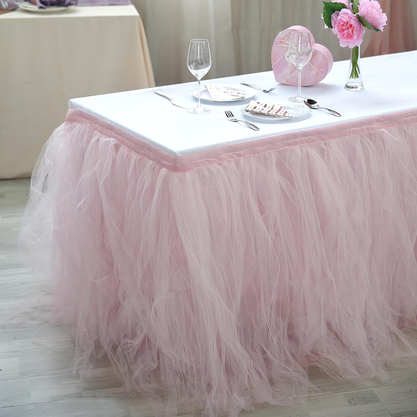 Blush 14ft 4-layer tulle tutu pleated table skirt for elegant events.