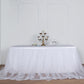 White two-layer tulle and satin table skirt, 17FT long, elegant party decor.