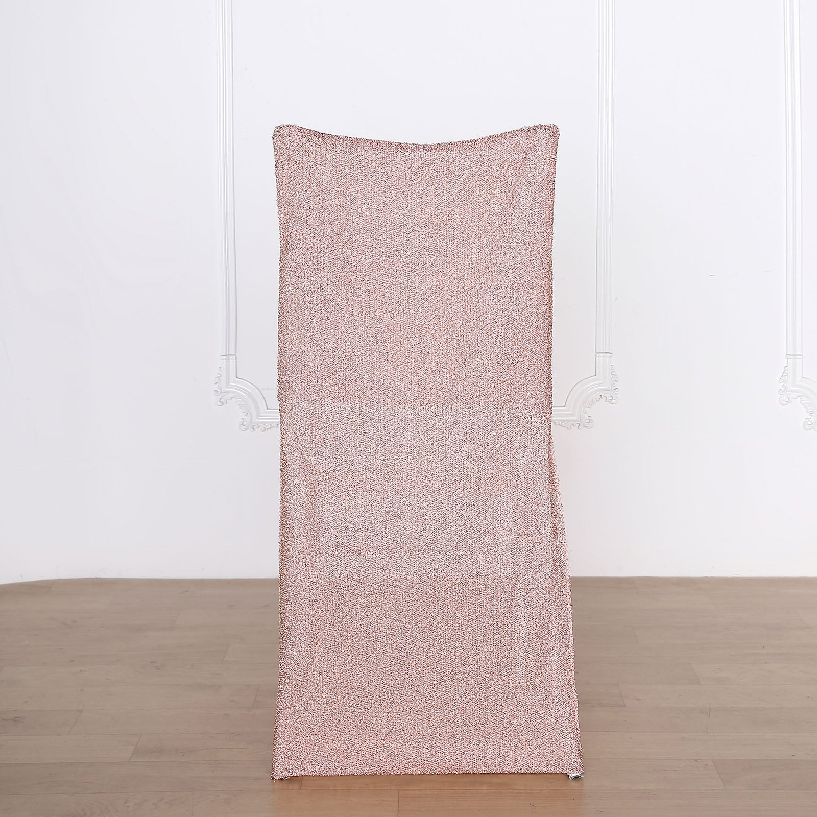 Rose gold metallic shimmer tinsel spandex stretch chair slipcover
