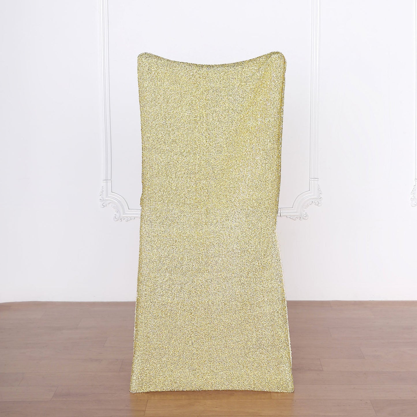 Champagne metallic shimmer tinsel stretch chair slipcover