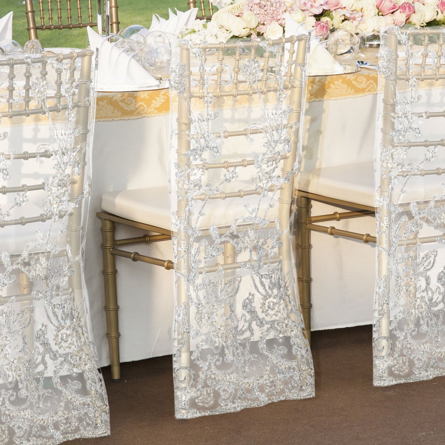 White Organza Chair Slipcover With Floral Embroidery