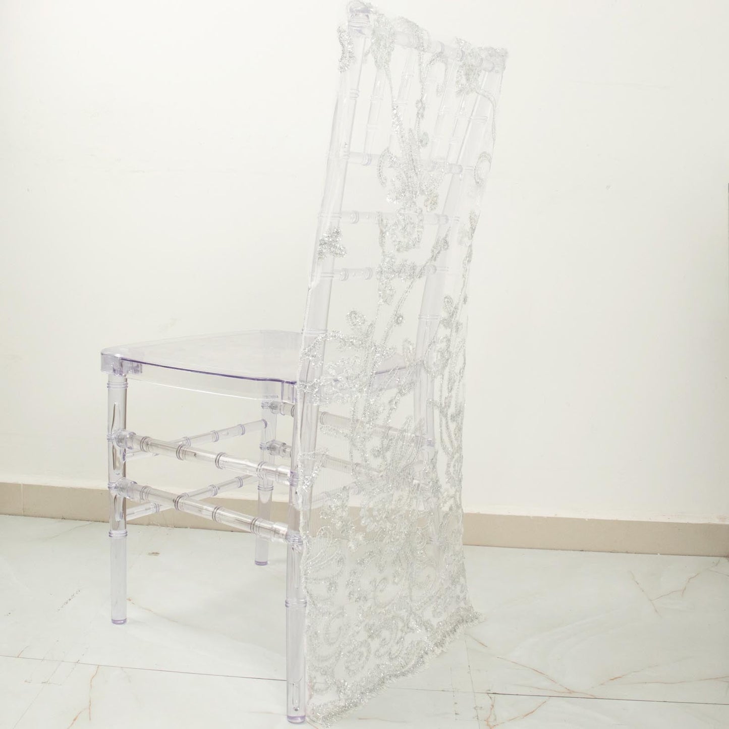 White Organza Slipcover For Chairs With Floral Sequins