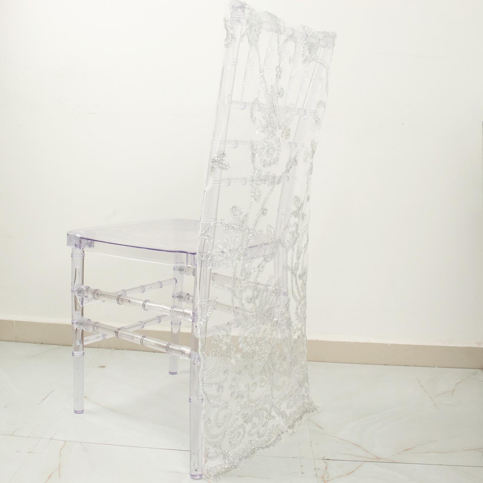 White Organza Slipcover For Chairs With Floral Sequins