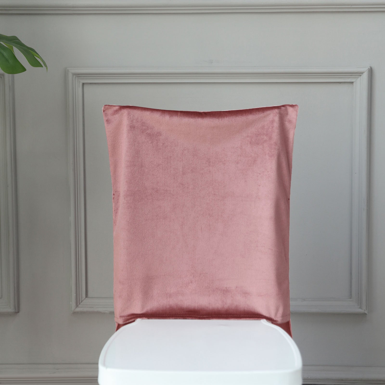 Dusty rose velvet Chiavari chair back slipcover.