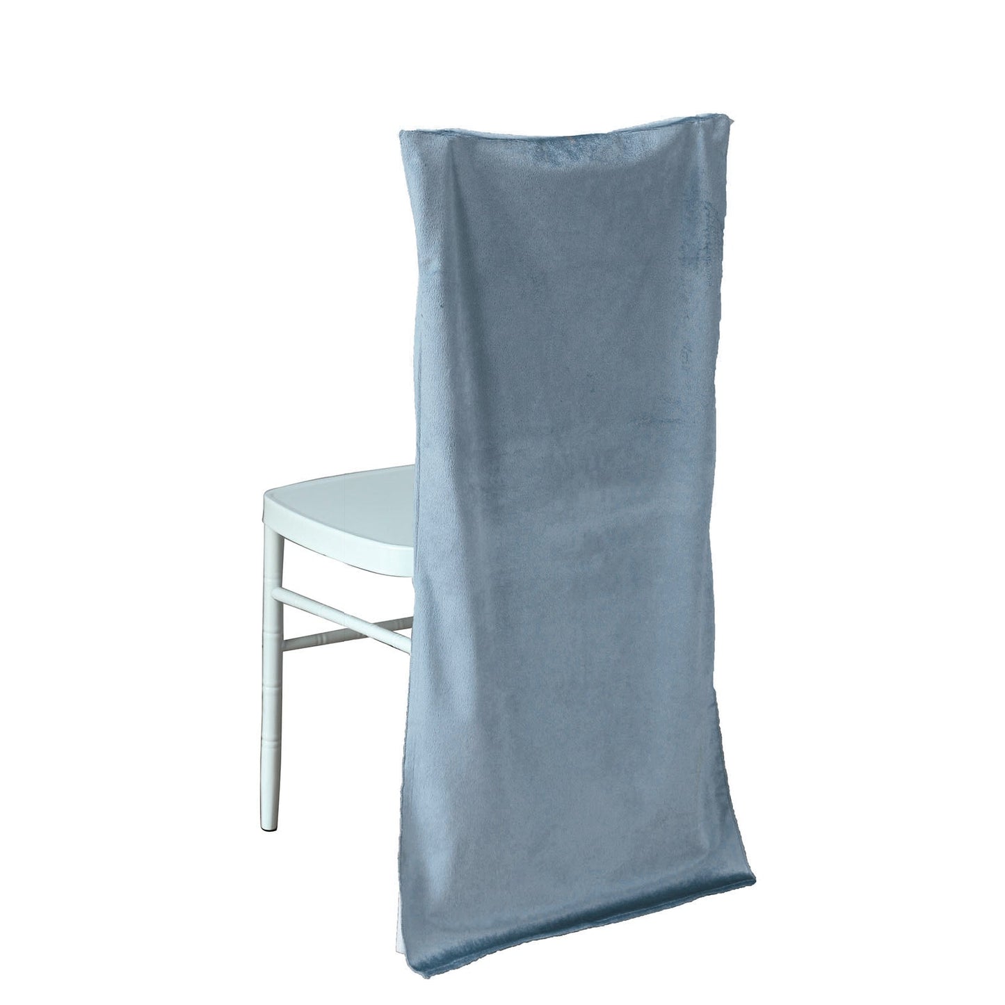 Dusty blue velvet Chiavari chair back slipcover for elegant decor.