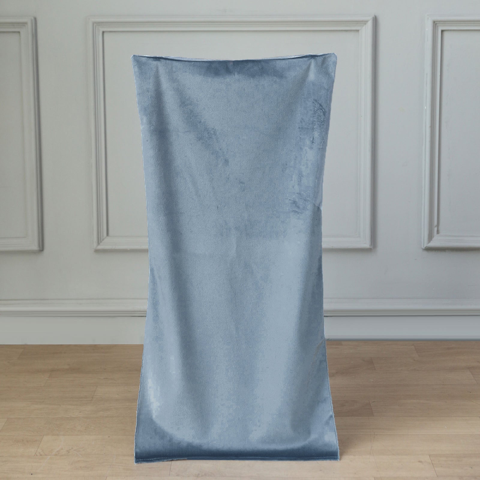 Dusty blue velvet Chiavari chair back slipcover.