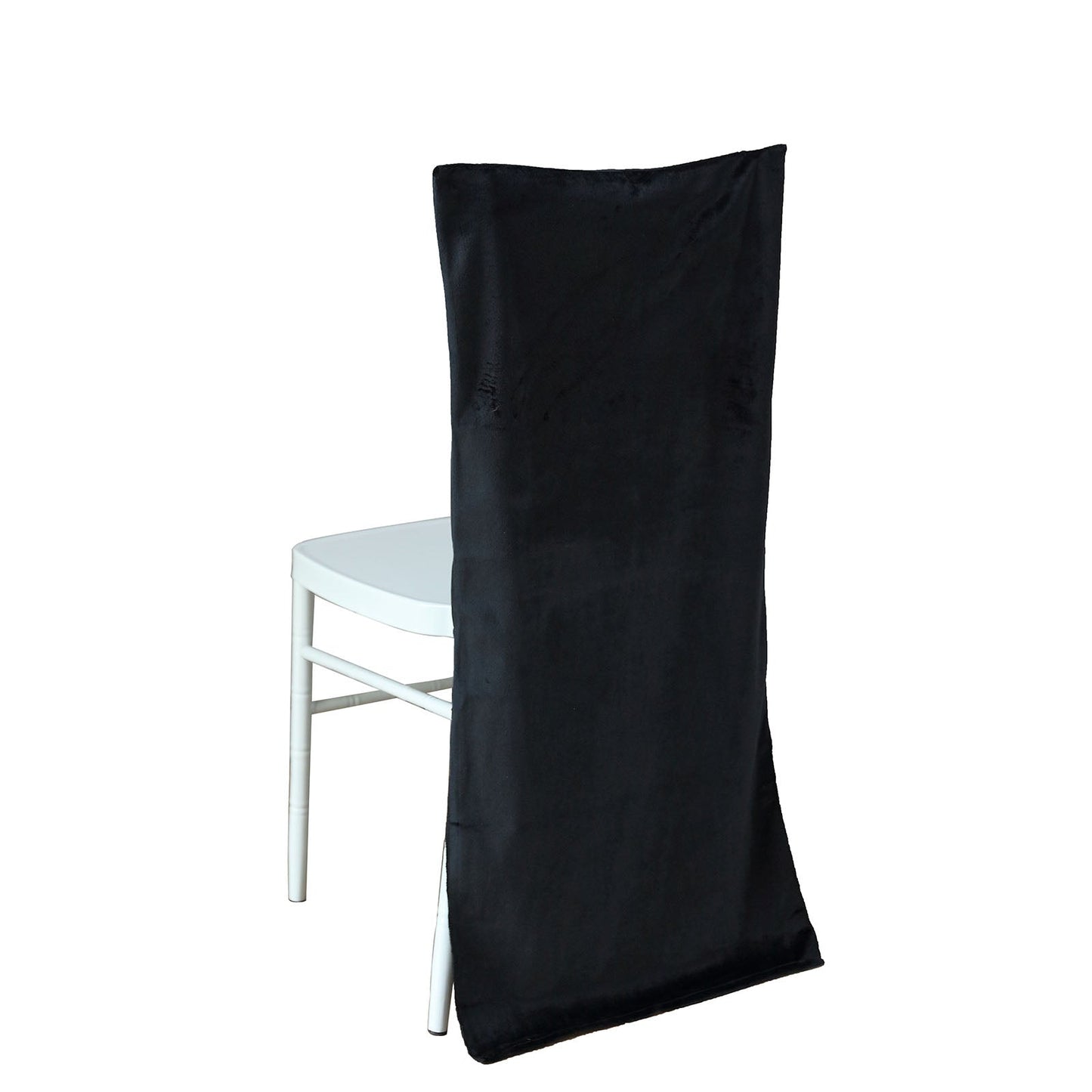 Black velvet Chiavari chair slipcover for elegant seating.