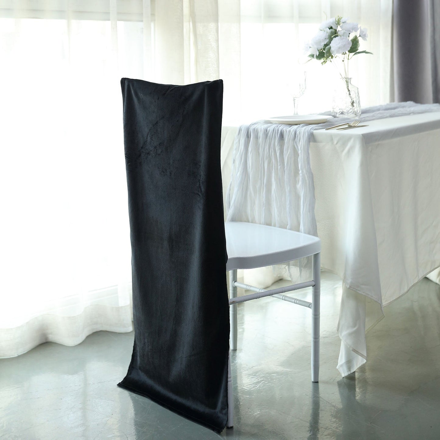 Black buttery soft velvet Chiavari chair back slipcover.