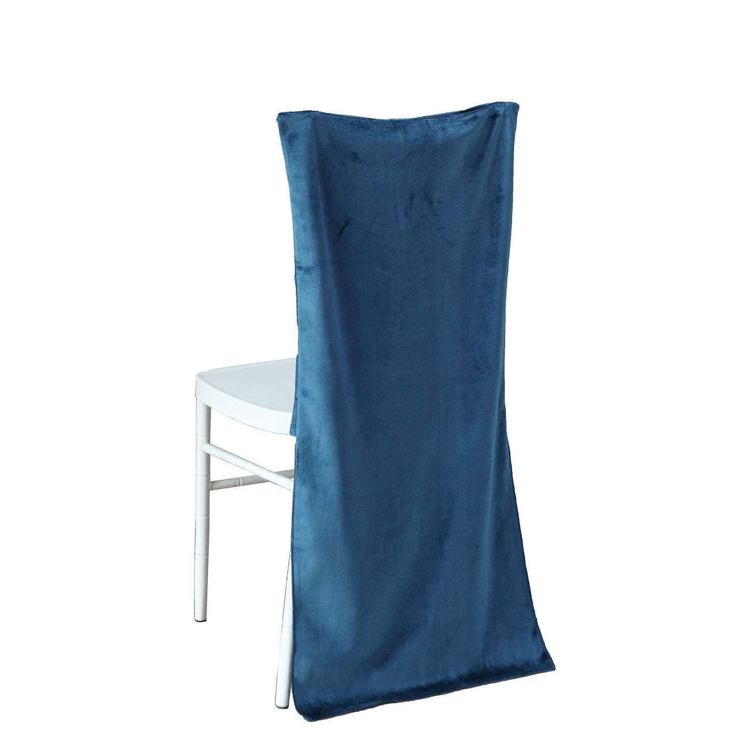 Navy blue velvet Chiavari chair back slipcover for elegant events.