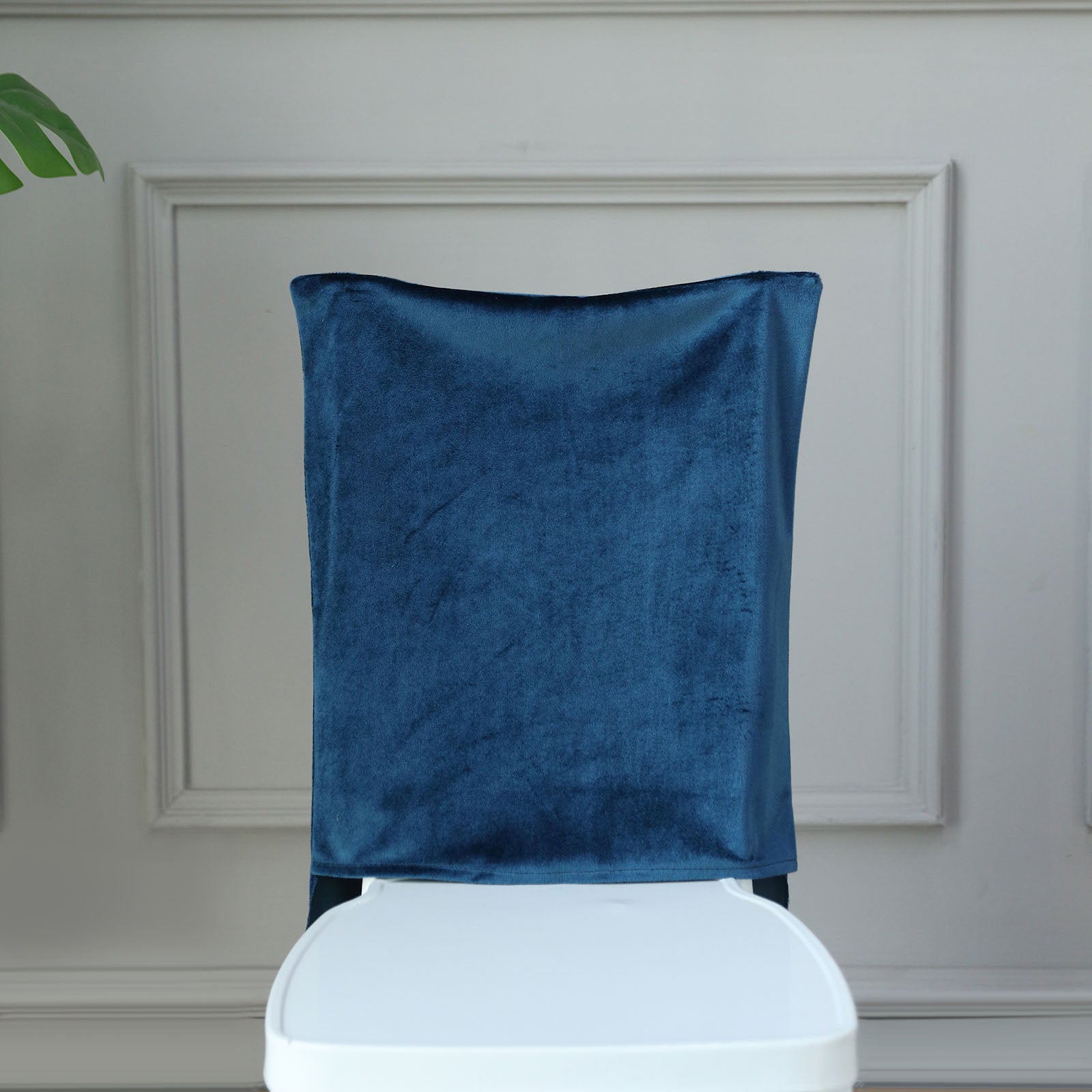 Navy blue velvet Chiavari chair back slipcover.