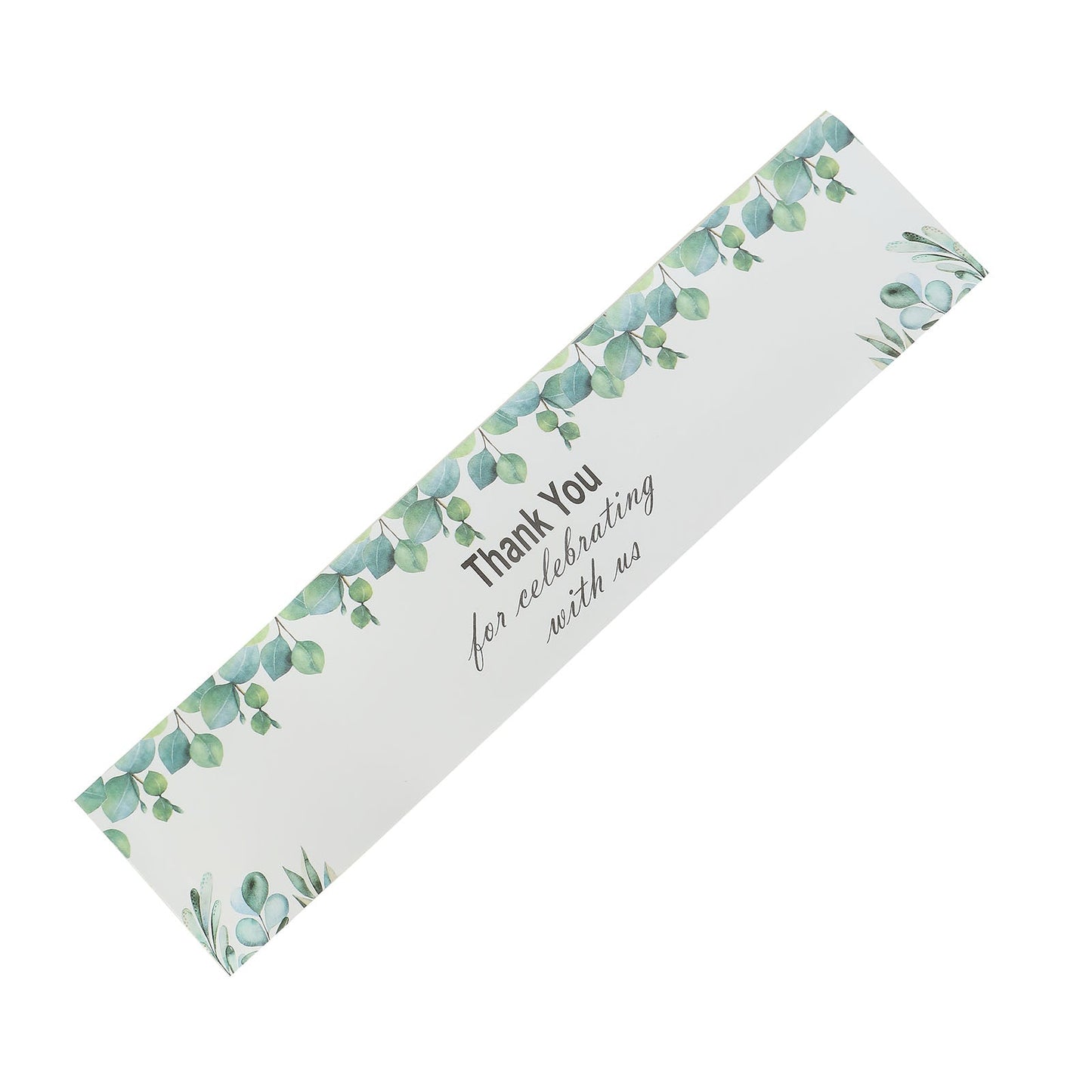 White and green "Thank You" water bottle labels with leaves design.