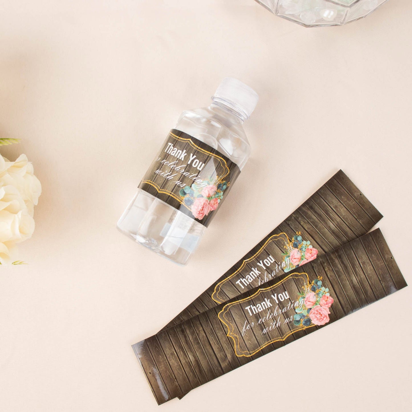 Rustic wood print water bottle labels with gold floral frame.