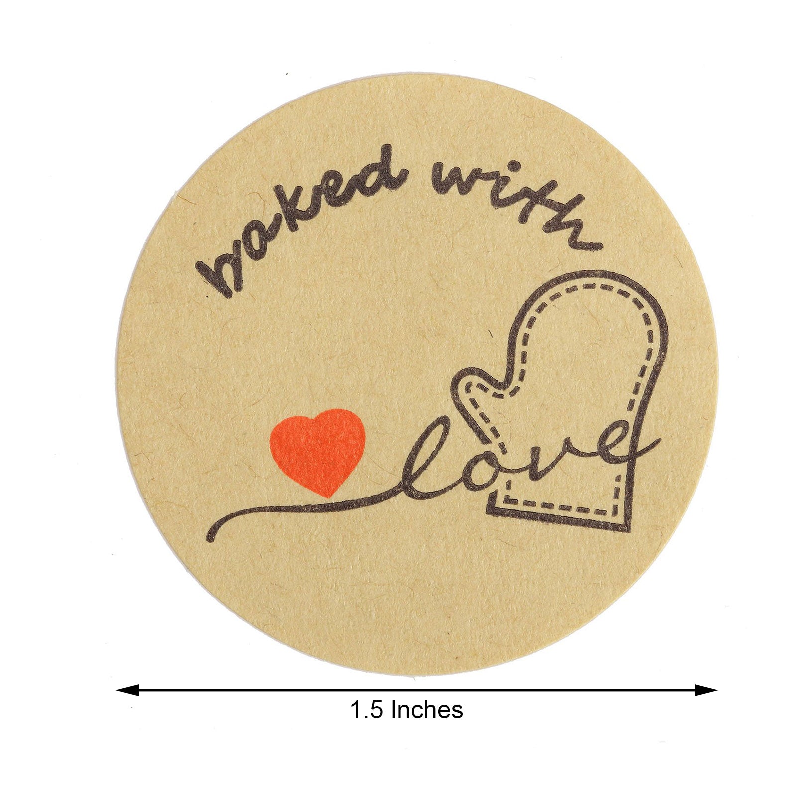 Baked with love sticker in brown and red, perfect for bakery packaging.