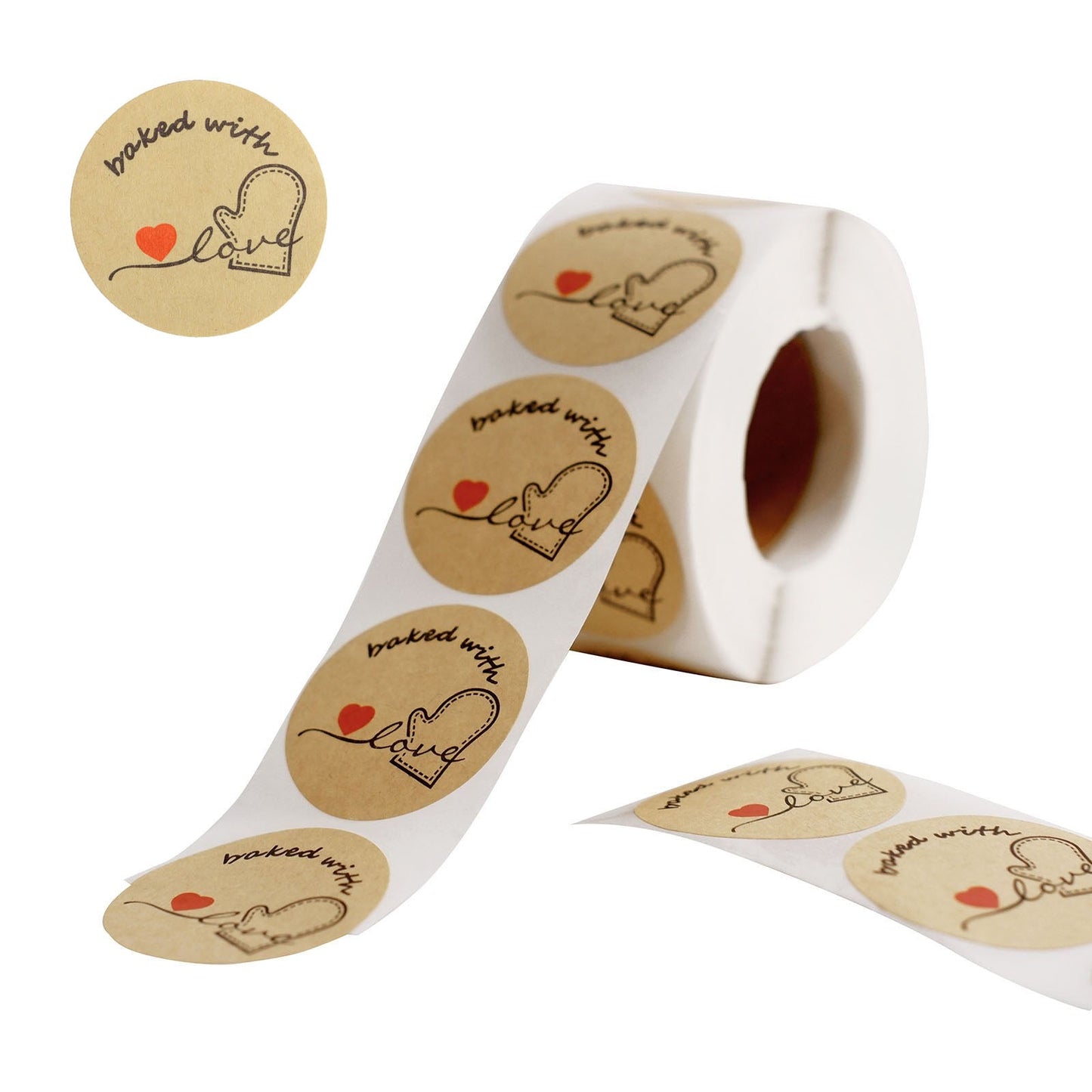 Baked with love round stickers on a roll for cookie and bakery boxes.