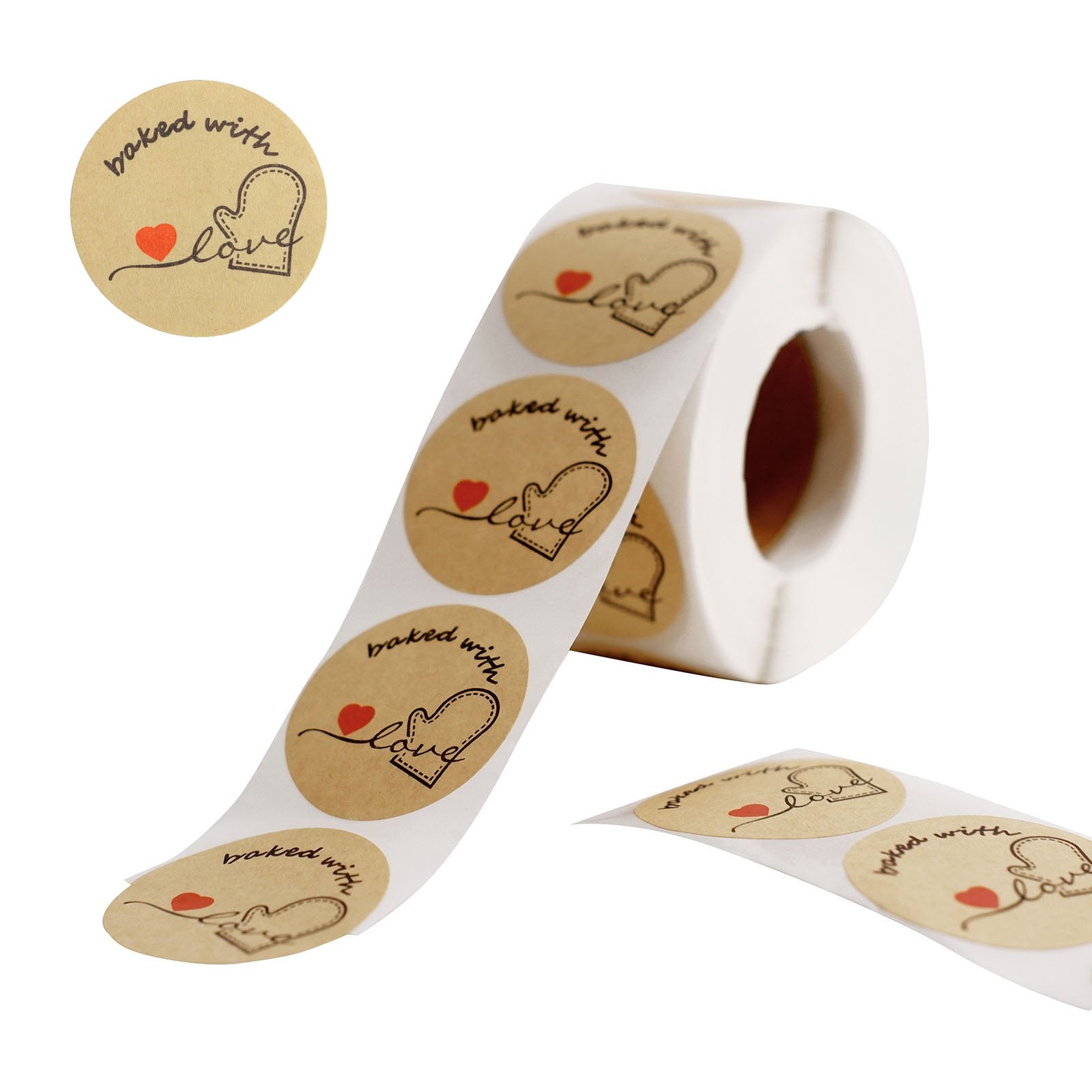 Baked with love round stickers on a roll for cookie and bakery boxes.