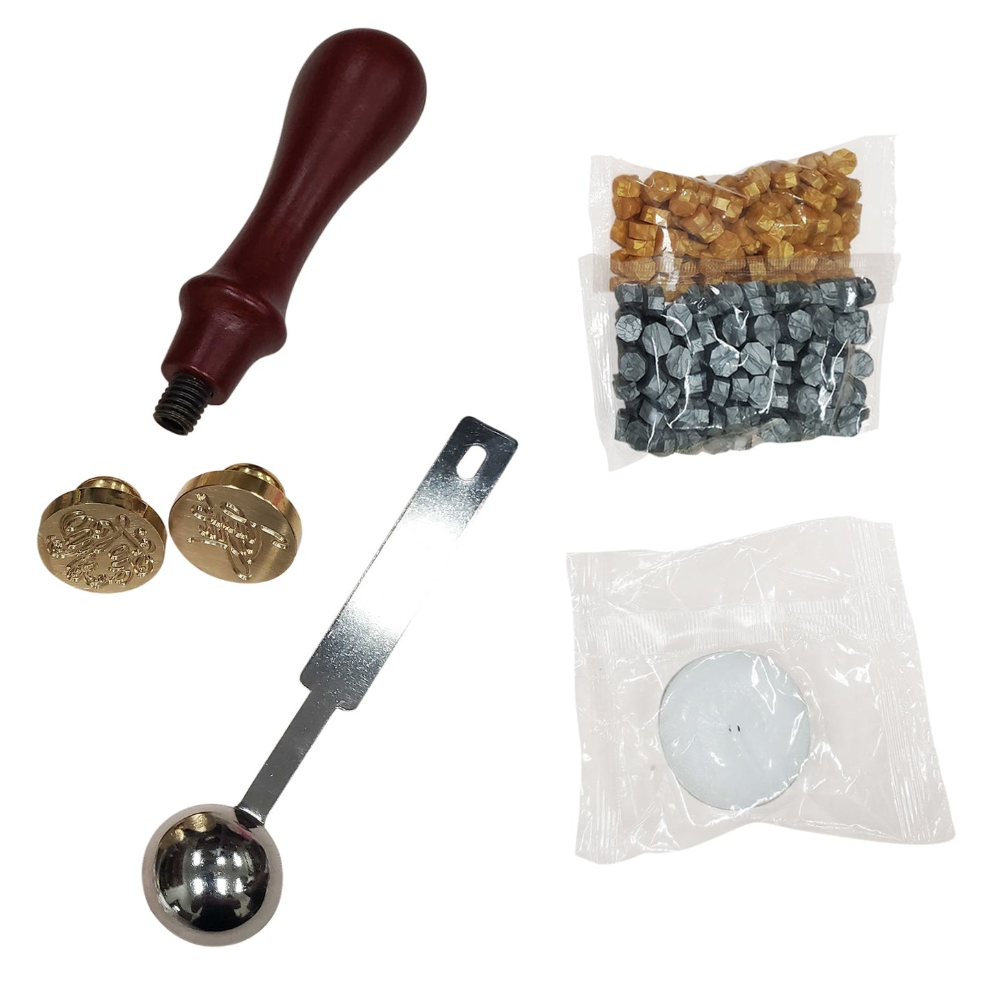 Gold and silver wax seal stamp kit with "With Love" and "Thank You" designs.