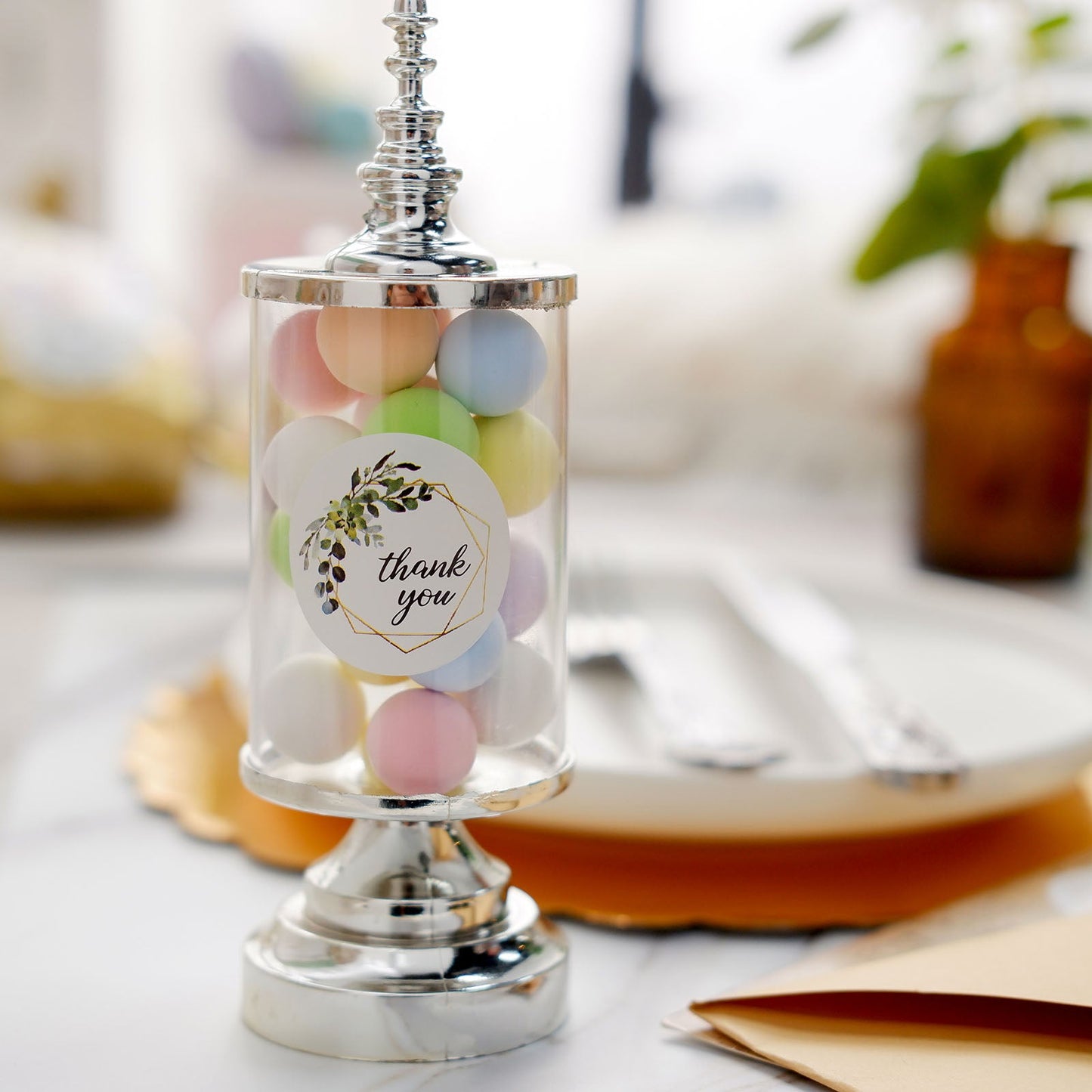 1.5 Inch Round Leaf Frame Design Stickers Thank You Gold & Green Roll 500 Pieces