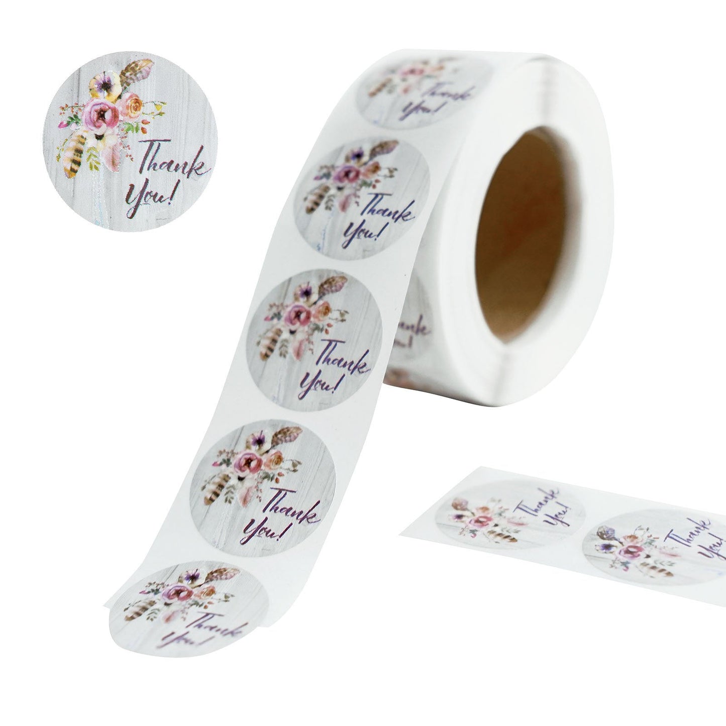 Rustic floral boho chic thank you stickers on a roll. #whtbkgd