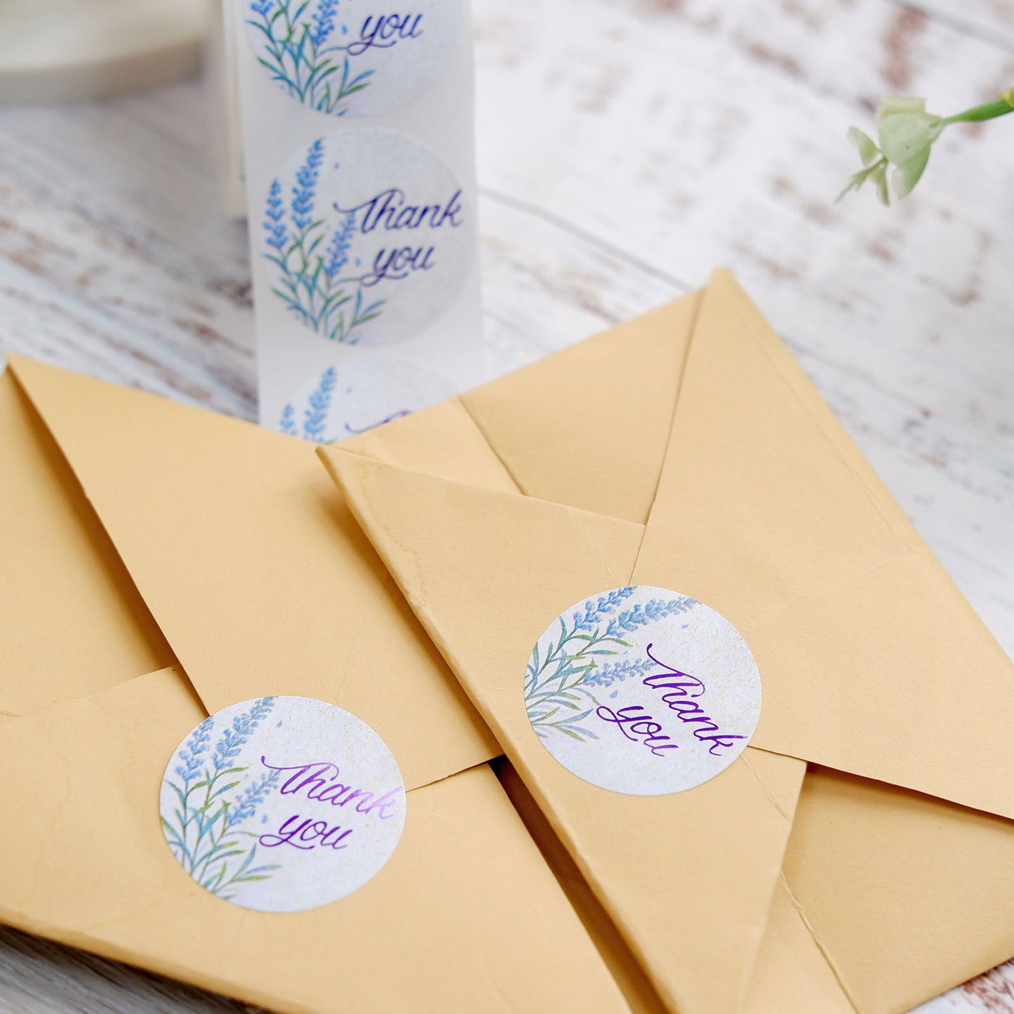 500pcs round purple lavender thank you stickers on envelopes.