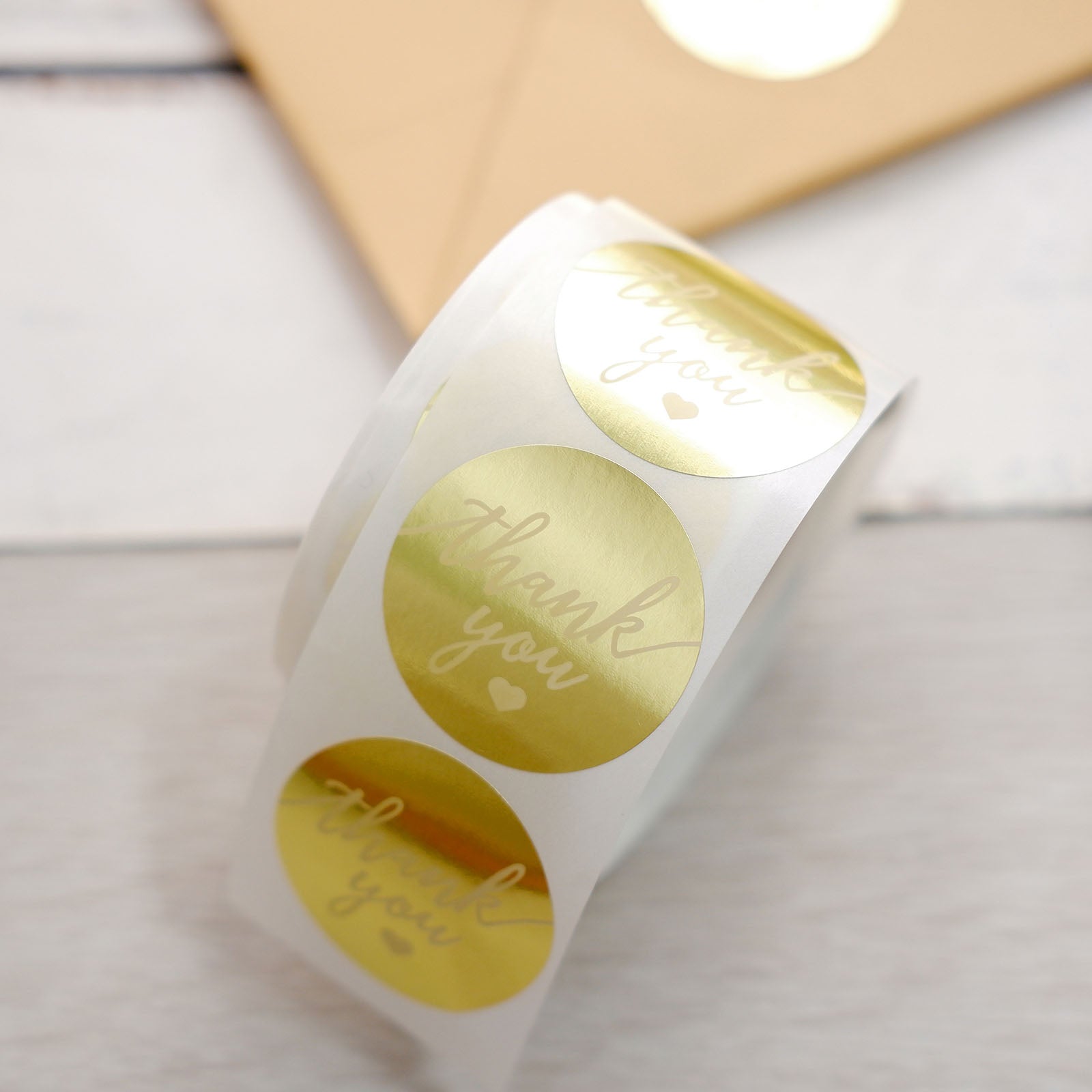 Round Gold Foil Background Thank You Stickers Roll with White Text and Decor, Envelope Seal Labels