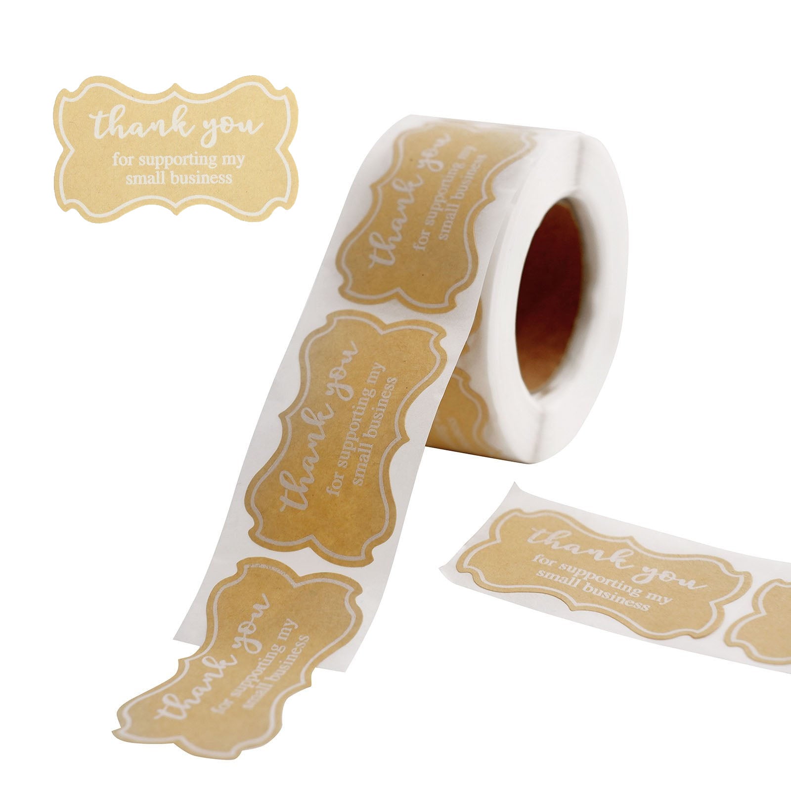 gold "Thank You for Supporting My Small Business" stickers on a roll.