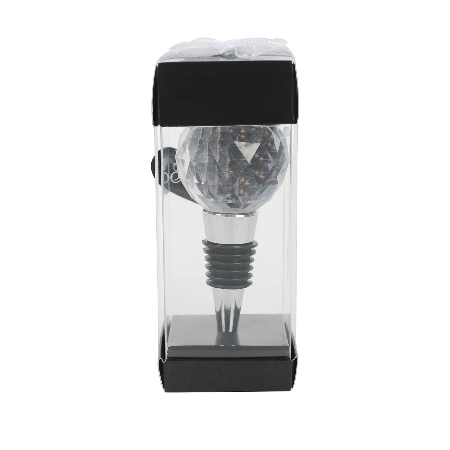 Clear crystal wine bottle stopper in gift box with ribbon and thank you card.