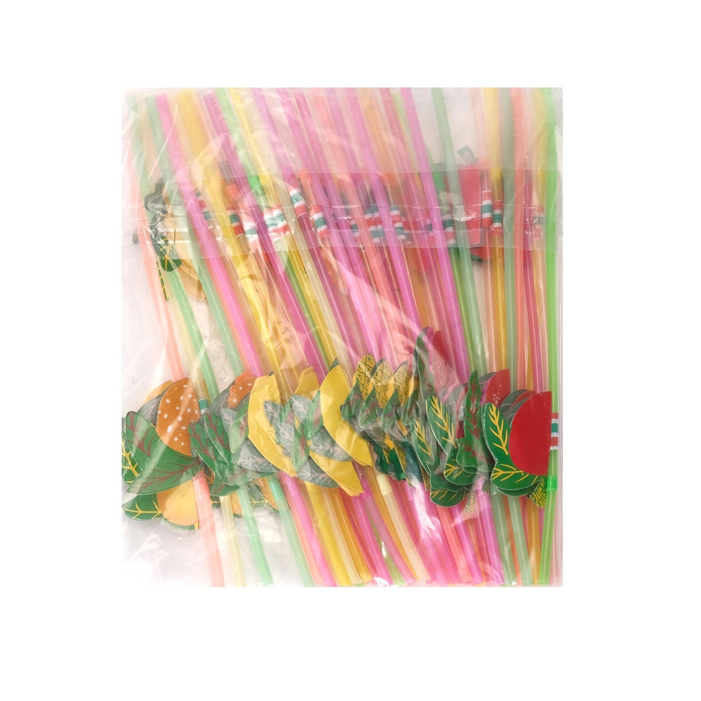 Multi-colored tropical fruit drinking straws for pool parties.